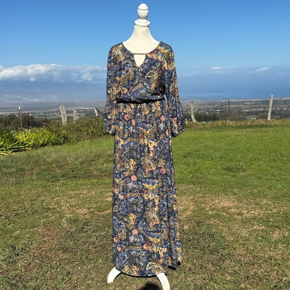 One world Charming Arts Blue Boho Chic 90s Maxi Dress Balloon Sleeve Lace 2X